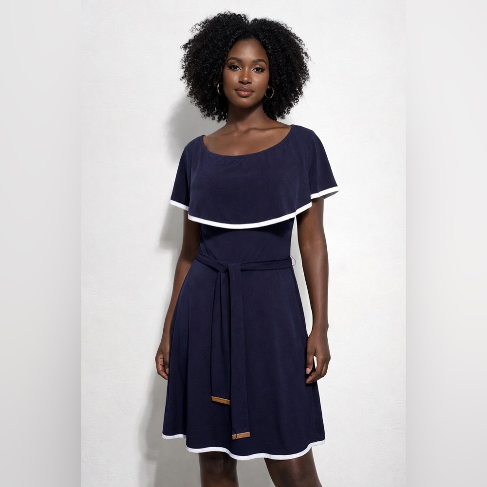 Michael Kors Navy Cape Overlay Fit & Flare Dress Size Small